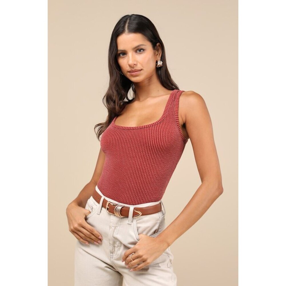 Lulus Leisure Life Rust Red Ribbed Square-neck Tank Top - Size S